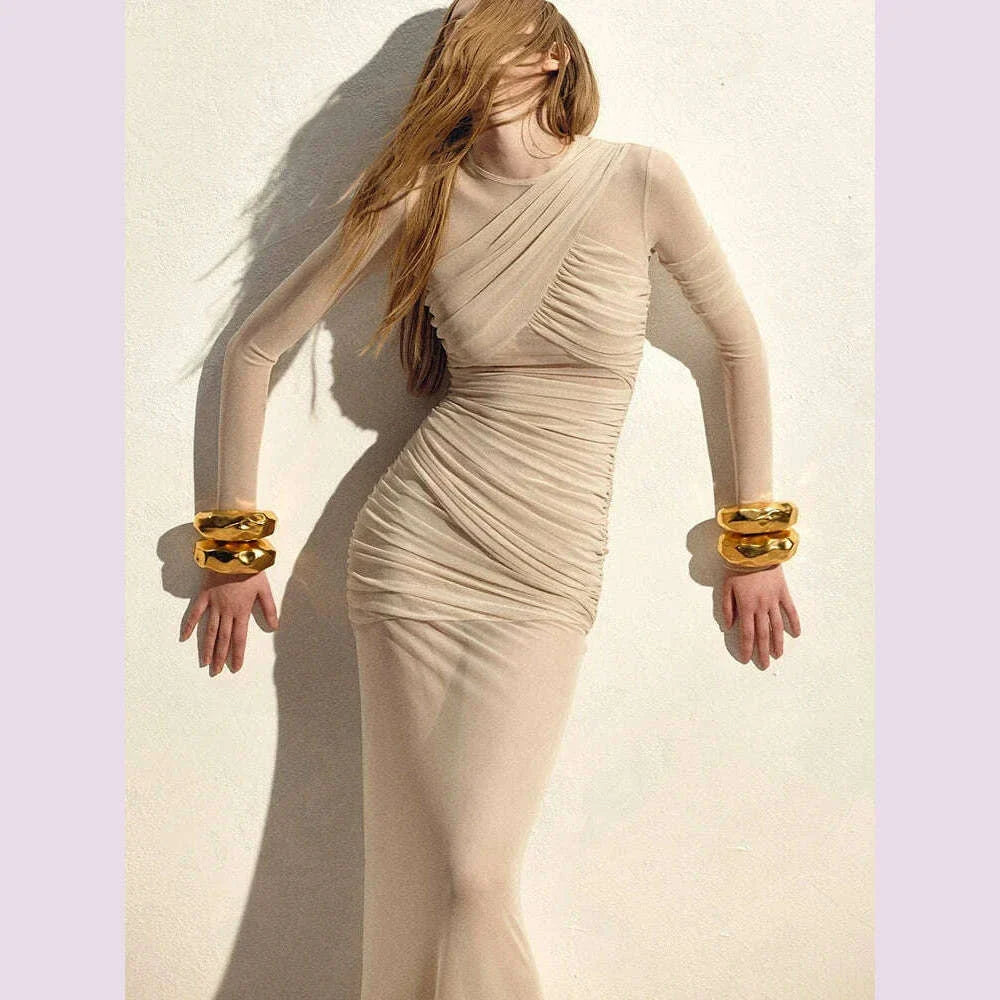 Mozision Mesh Ruched Sexy Maxi Dress For Women Fashion Zipper Patchwork See Through Long Sleeve Elegant Club Party Long Dress