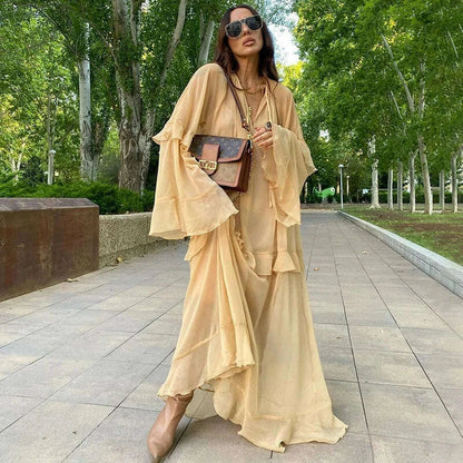 Tornova Chiffon Ruffled Long Dress For Women Flared Sleeves Long Sleeve V-Neck High Waist Dress Female Summer Casual Loose Dress