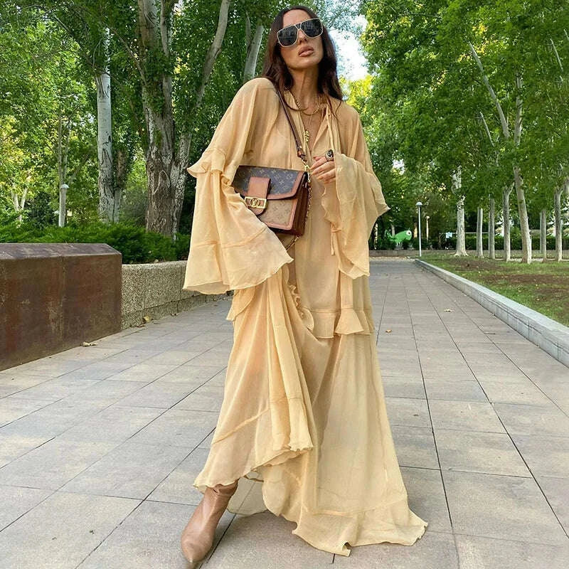 Tornova Chiffon Ruffled Long Dress For Women Flared Sleeves Long Sleeve V-Neck High Waist Dress Female Summer Casual Loose Dress