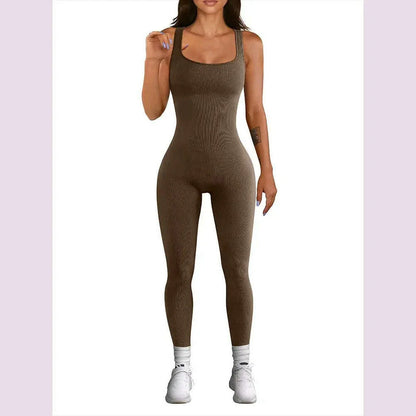 Women's Sleeveless Yoga Jumpsuit Exercise Ribbed Square Neck Vest High Waist  Fitness Sports One-piece Yoga Suit