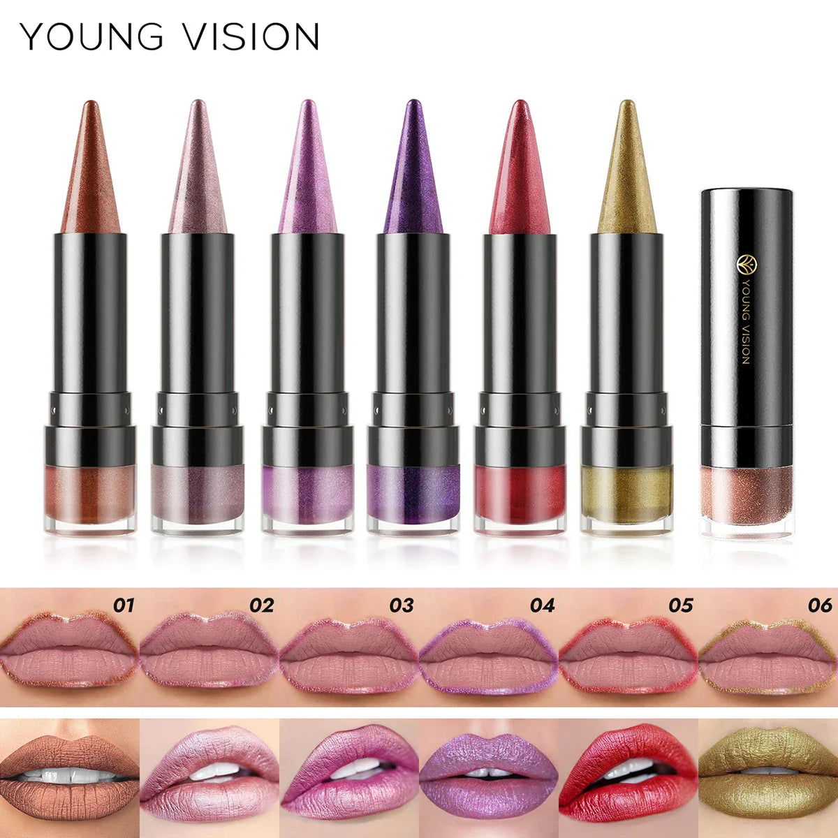 YOUNG VISION 6 colors matte pearl fine glitter diamond dual-purpose lipstick long-lasting easy to color non-stick cup lipstick