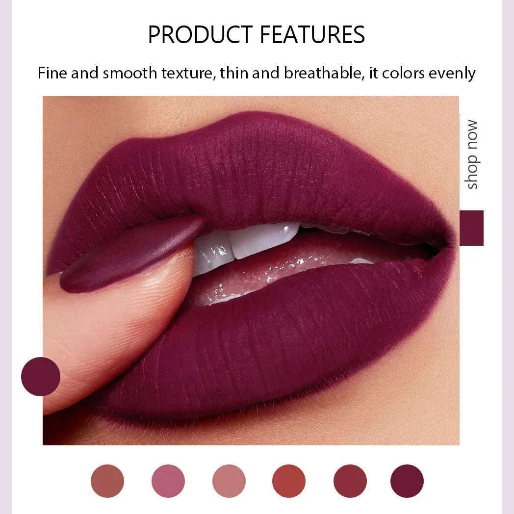 6-Color Matte Lipstick , Non-Fading, Non-Stick Cup Long-Lasting Velvet Finish, Smooth Matte Lip Color Waterproof Smudge-proof