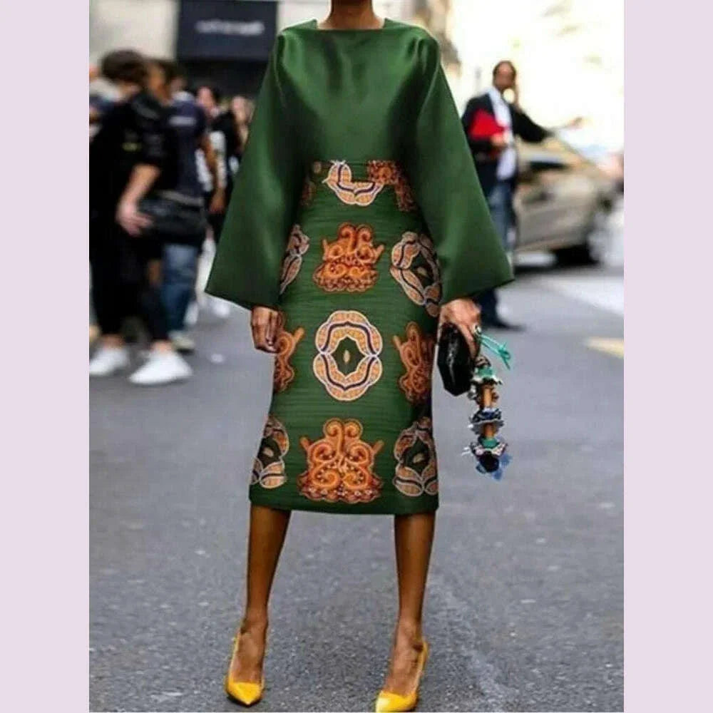 Krismile Women Spring Printed Midi Dresses 2024 Fashion Long Sleeves Round-Neck Midi Dresses Vintage Green Dresses