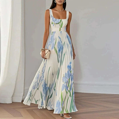 Summer Square Collar Floral Print Fold Dress Womens Sexy High Waist Sling Long Dresses Summer Off Shoulder Hollow Boho Dresses