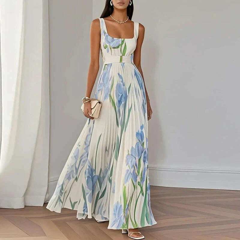 Summer Square Collar Floral Print Fold Dress Womens Sexy High Waist Sling Long Dresses Summer Off Shoulder Hollow Boho Dresses