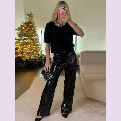 Street Sequin Pants Women Loose High Waist Wide Legs Shiny Trousers Female 2025 Spring Fashion Straight Chic Streetwears Lady