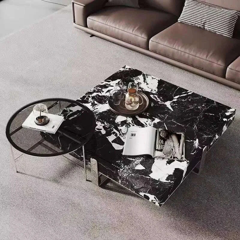 Italian Minimalist Square Coffee Table, Black White Stone Top, Heat-Resistant & Easy Clean, Sturdy Compact Designer Set