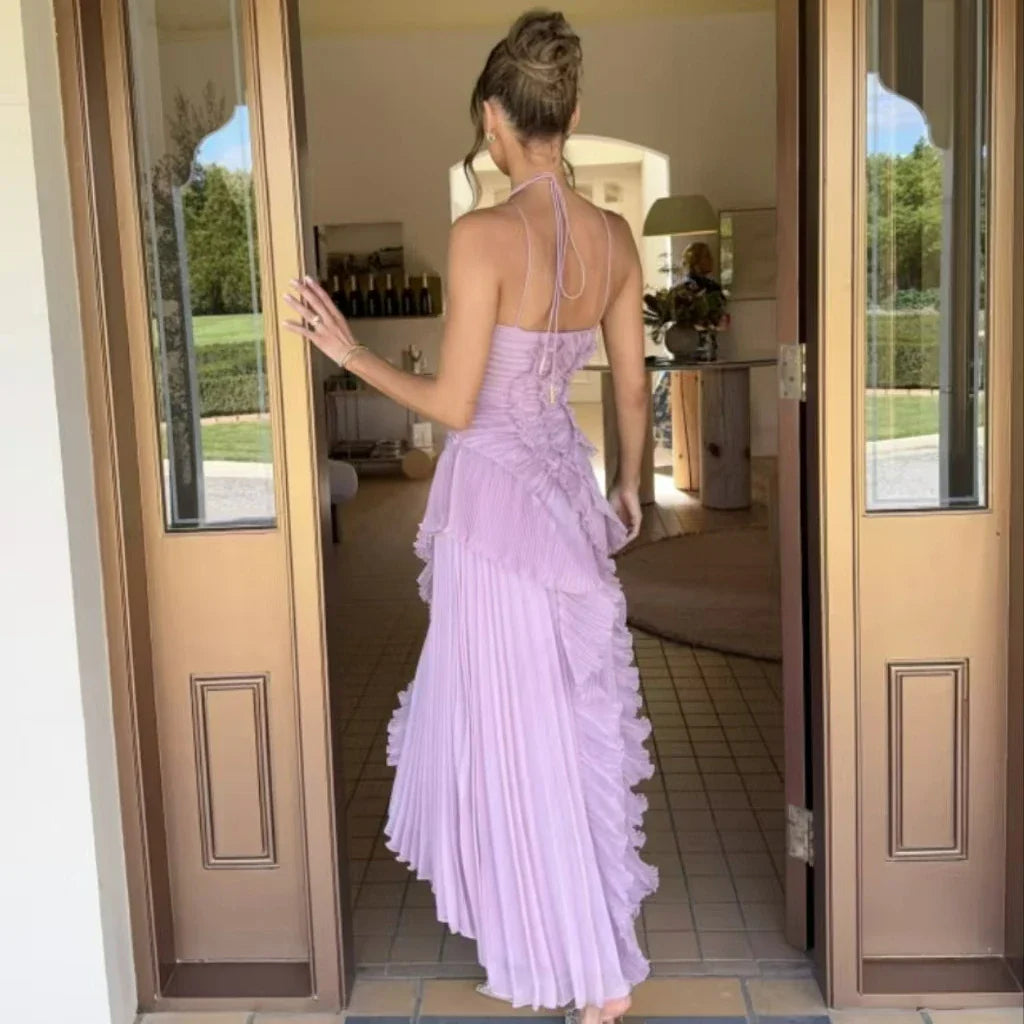 Purple Ruffle Irregular Maxi Dress for Women Sexy Halter Backless Party Dresses Summer Fashion Chiffon Holiday Fairy Dress 2025