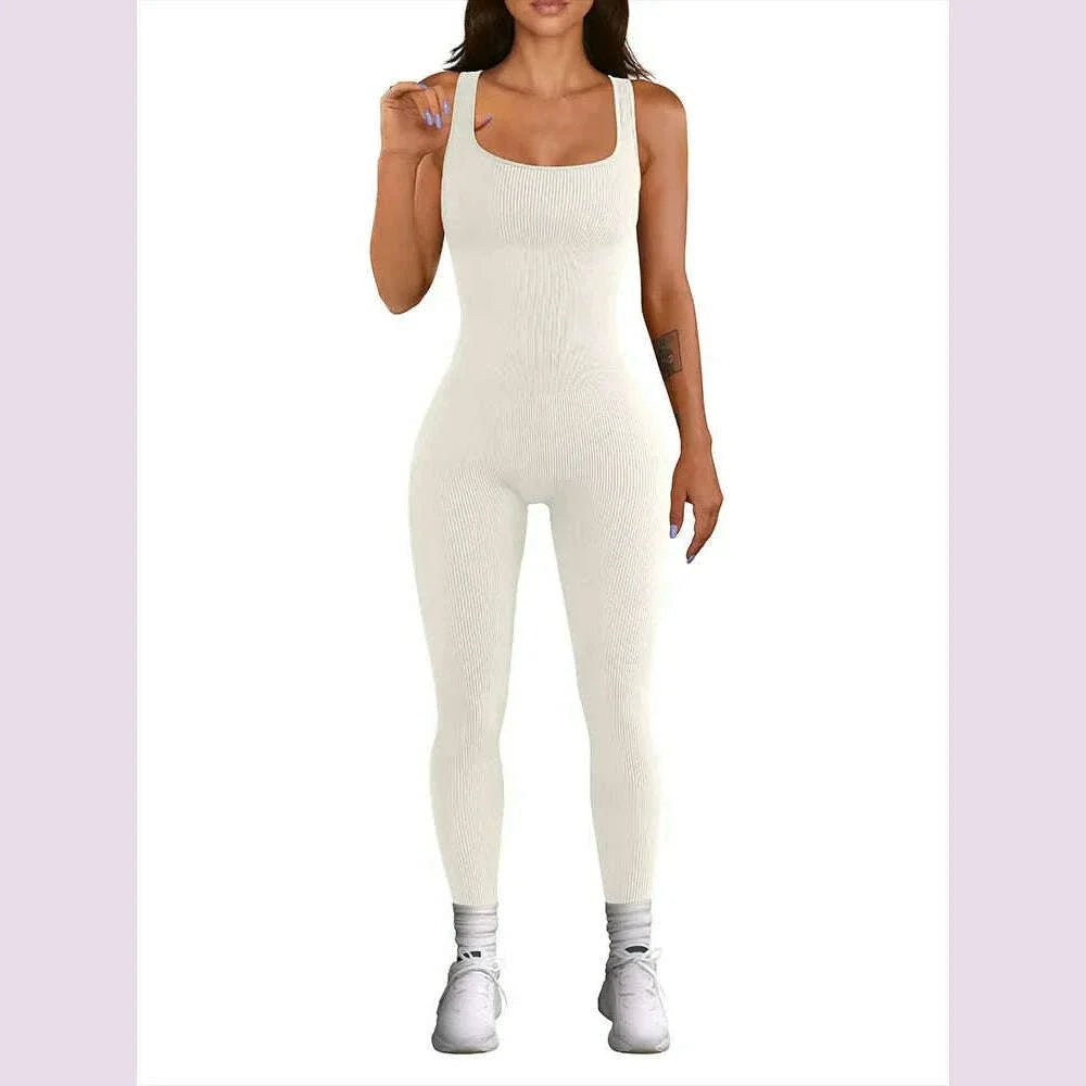 Women's Sleeveless Yoga Jumpsuit Exercise Ribbed Square Neck Vest High Waist  Fitness Sports One-piece Yoga Suit