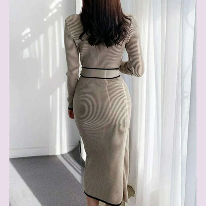 Elegant Stand Collar Contrast Bandage Long Sleeve Women Knitted Dress Autumn Korean Fashion Casual Knit Bodycondresses Vestidos