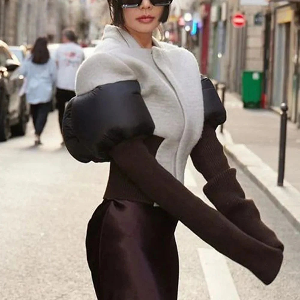 TWOTWINSTYLE Hit Color Slimming High Street Coat for Women Round Neck Long Sleeves Patchwork Zipper Fashion Jackets Female New