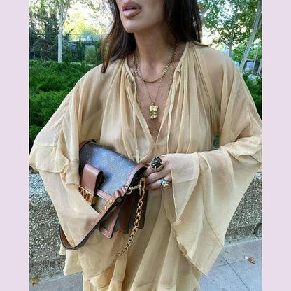 Tornova Chiffon Ruffled Long Dress For Women Flared Sleeves Long Sleeve V-Neck High Waist Dress Female Summer Casual Loose Dress
