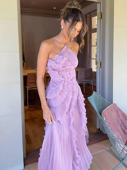 Mozision Elegant Off-shoulder Ruffle Sexy Maxi Dress Women Fashion Halter Sleeveless Backless Draped Pleated Club Party Dress