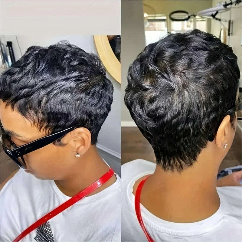 Short Pixie Cut Wig Human Hair For Women Machine Made Wigs With Bangs Colored Wig 180 Density