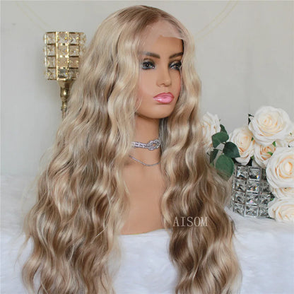 Long Wavy Synthetic Lace Front Wig Highlight Blonde Natural Wave Transparent Pre Plucked Heat Resistant Fiber Wig for Women