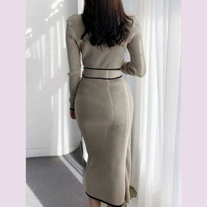 Elegant Stand Collar Contrast Bandage Long Sleeve Women Knitted Dress Autumn Korean Fashion Casual Knit Bodycondresses Vestidos