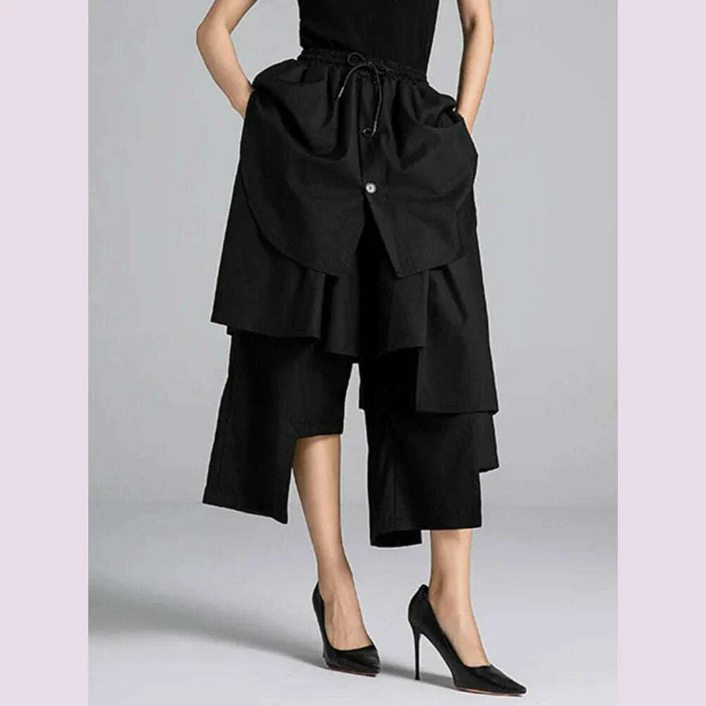 EAM Black Irregular Patch High Elastic Waist Calf-Length Pants New Trousers Women Fashion Tide Spring Autumn 2025 30A3161