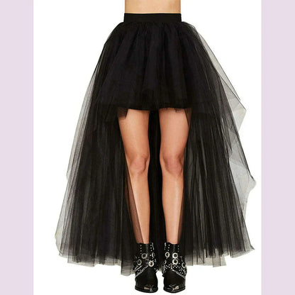 MisShow Gothic Women Hi-Lo Long Tulle Tutu Punk Skirt Elastic Waist High Low Mesh Net Halloween Cosplay Costume Maxi Skirts