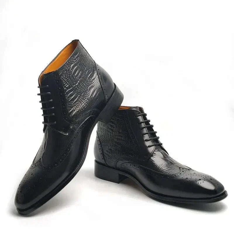 Luxury Genuine Leather Boots Handmade Retro Printing Shoes Men's Lace Up Top Cow Leather Business Casual Trendy Party Warm Boot