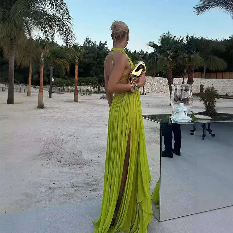 Elegant O-neck Sleeveless & Long Skirt Set Sexy Backless Hollow Out Solid Loose 2Pc Suits Women Fashion Pleated Holiday Outfits