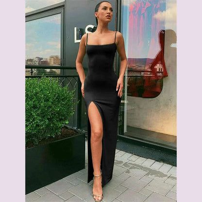 Women Summer Sexy Bodycon Dress Lady Sexy Spaghetti Strap Sleeve Split Solid Color Sheath Dress Vestidos