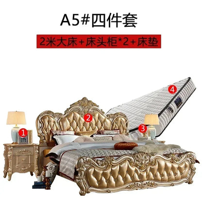 Luxury Gold Double Bed King Size Solid Wood Bedroom Set for Adults, Modern Princess Design Comfort Mattress