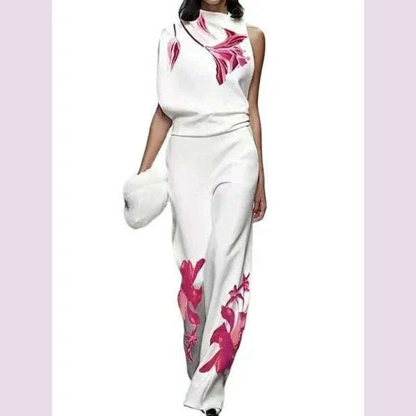 Two Piece Sets High Waist Wide Leg Trousers Outfits Matching Sets Suit Women Solid Turtleneck Sleeveless Tops Print Loose Pant