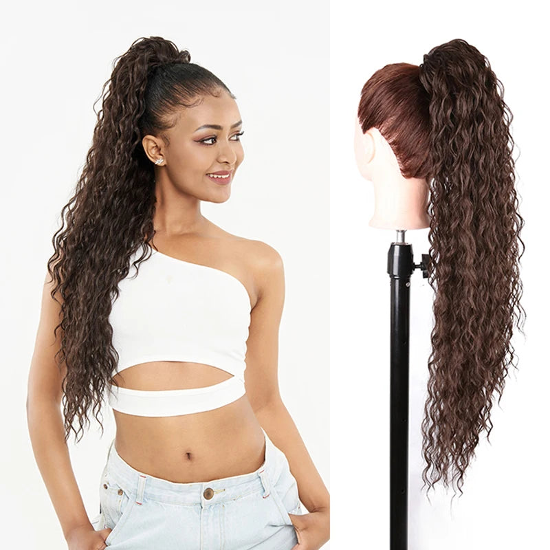Julianna Synthetic Kanekalon Black Drawstring Water Wave Ponytail Extension Female Curly Wavy Clip In Ponytail Hair Extension