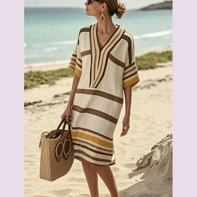 Loose Casual Striped Print Dress For Women Fashion Half Sleeved V Neck Midi Dress Spring Summer New Lady Commuter Dresses