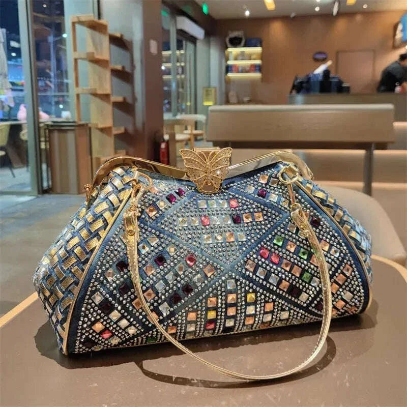 Spring and summer new metal frame color rhinestone butterfly crystal handbag banquet dress one-shoulder cross-body women's bag