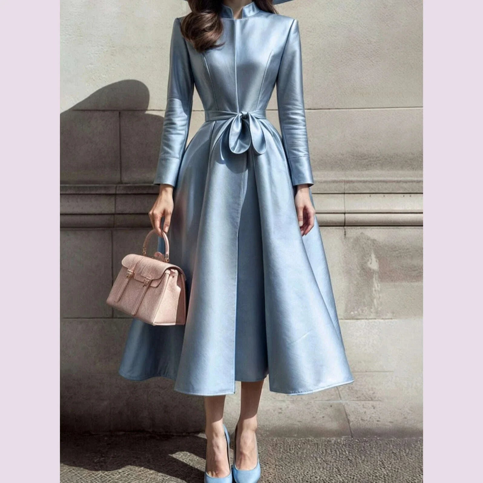 Elegant Dress for Women Stand Collar Pleated A-Line Long Sleeve Sweet Party Club Evening Wedding Guest Midi Dresses with Belt