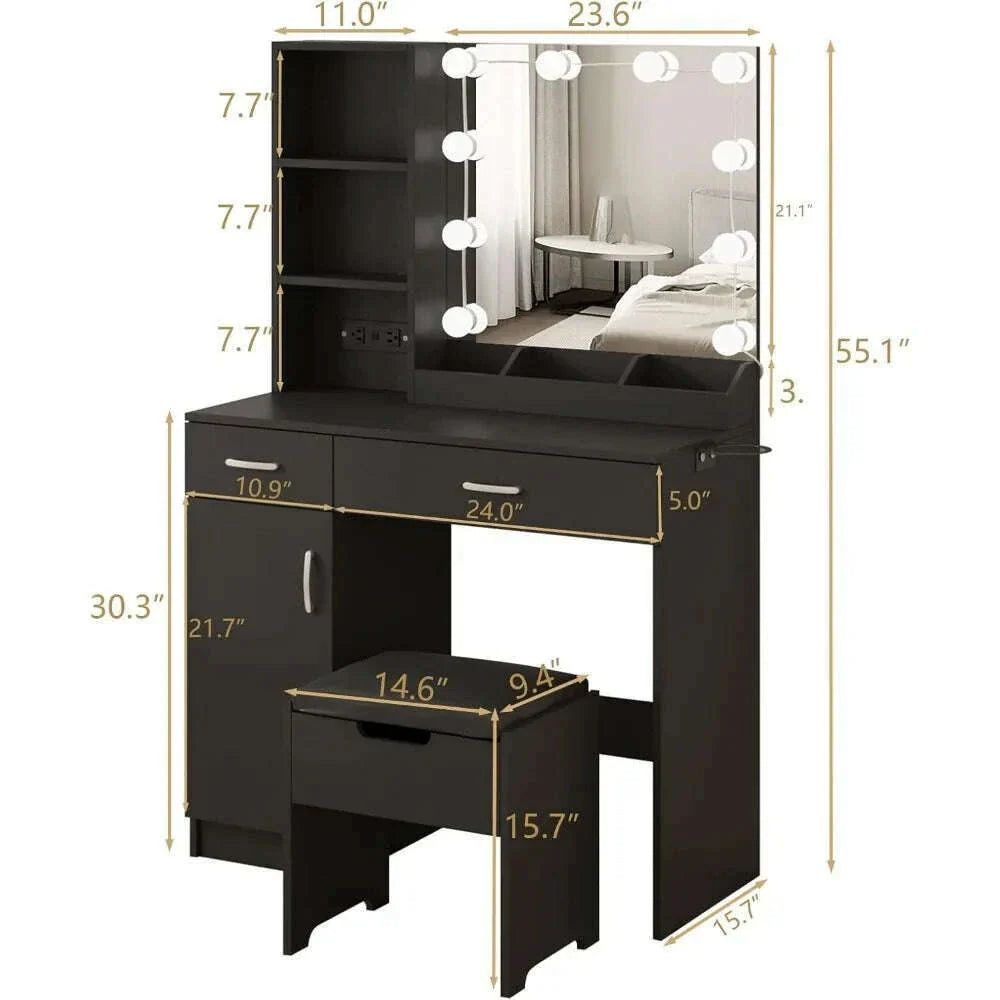 Dressing Table, Makeup Vanity Desk with Lighted Mirror & Power Strip, Black Vanity Table Set with Lights and Lots Storage