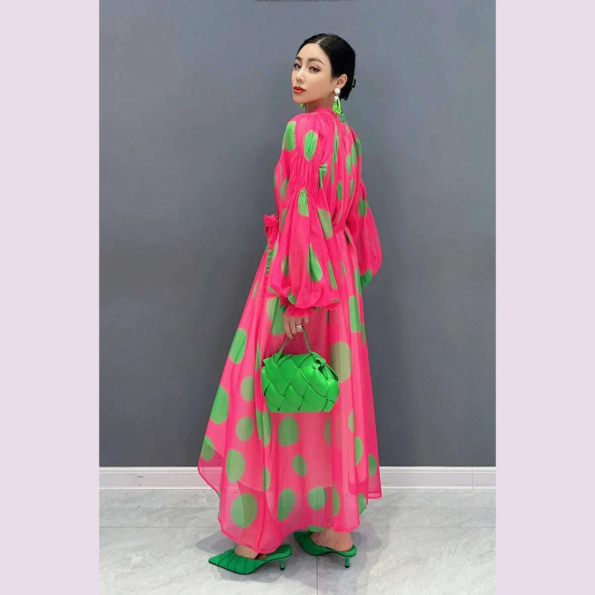 Vefadisa 2025 Summer New Dress Chiffon Printed Polka Dot Puff  Sleeves V-neck Long Dress Loose And Elegant HLX007