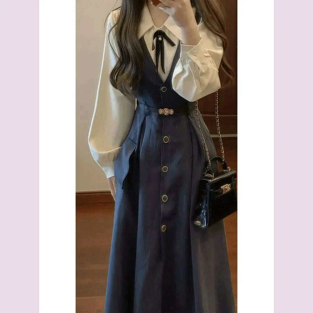 French literature and art retro commuting new vest dress women's spring and autumn college long-sleeved shirt age-reducing waist