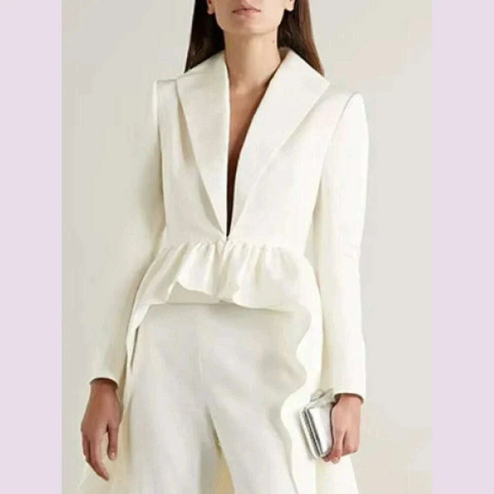 Beautyblue High-Low Wrap Blazer Top White Women's V-Neck Coats New Fashion Solid Color Falbala Pleated Elegant Chic Clothing