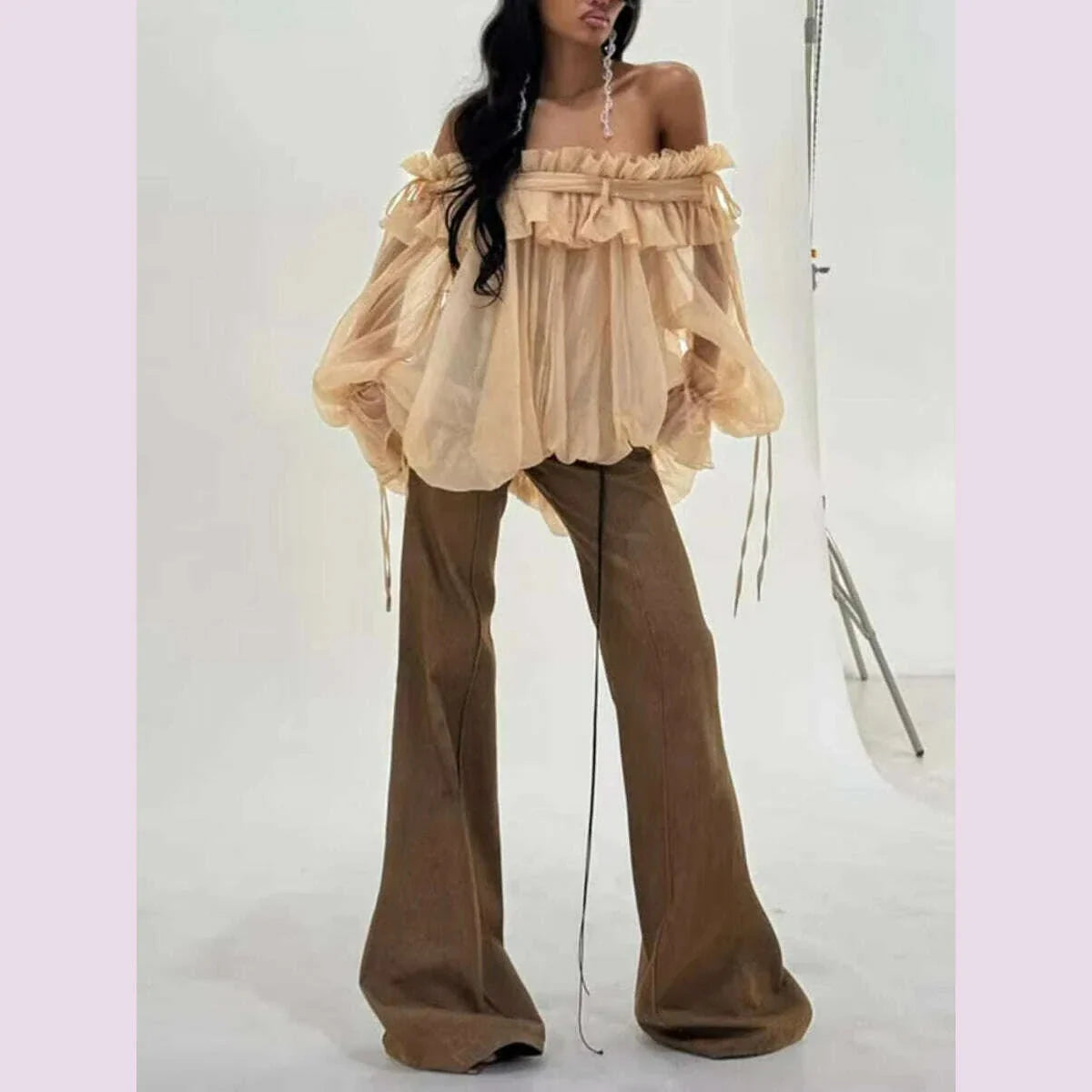 TWOTWINSTYLE Solid Loose Spliced Mesh Blouse for Women Slash Neck Long Sleeves Patchwork Folds Elegant Top Female Fashion New