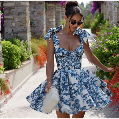 Vintage Blue Print Bow Lace-up Sling Dress For Women High Waist Pleated A-line Mini Dresses Summer New Vocation Lady Vestidos