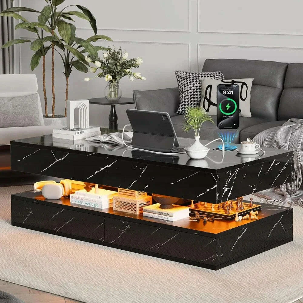 47" Modern LED Coffee Table with 2 Drawers, High Glossy Double-Layer Center Table with Wireless Charging and Built-in Bluetooth