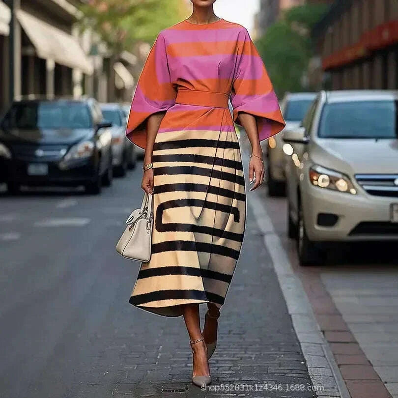 Elegant Slim Fit Long Dress with Batwing Sleeves And Rainbow Grid Pattern Ankle Length Independent Station New Arrival 2025