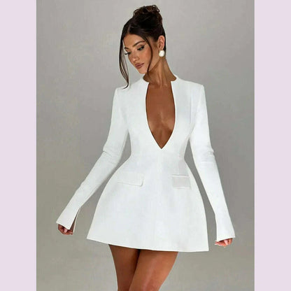 Fashion Deep V-neck Tunics Short Dress White Black Women Autumn Winter Long Sleeve High Waist Party Dresses Female Blazer Dress
