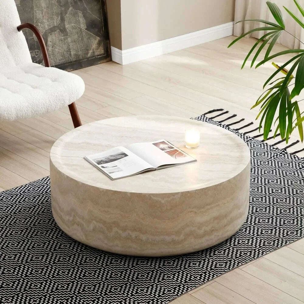 39.37” Round Coffee Table ,Travertine Textured Tables Fiberglass Center Side Tables for Living Room Office, Coffee Table