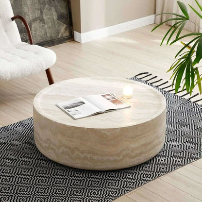 39.37” Round Coffee Table ,Travertine Textured Tables Fiberglass Center Side Tables for Living Room Office, Coffee Table