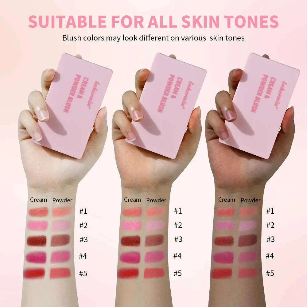 5Colors Cream & Powder Blush Matte Dewy Rosy Blush Makeup Pan Long-lasting Wearing High Pigment Natural Matte Blush Cosmtics