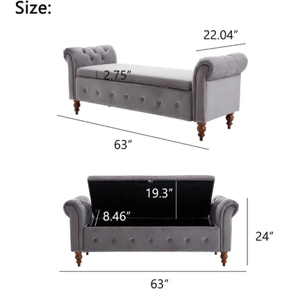 Velvet Storage Bench with Button for Entryway, Living Room63'' Storage Ottoman Bench for Bedroom, End of Bed Bench with Arms