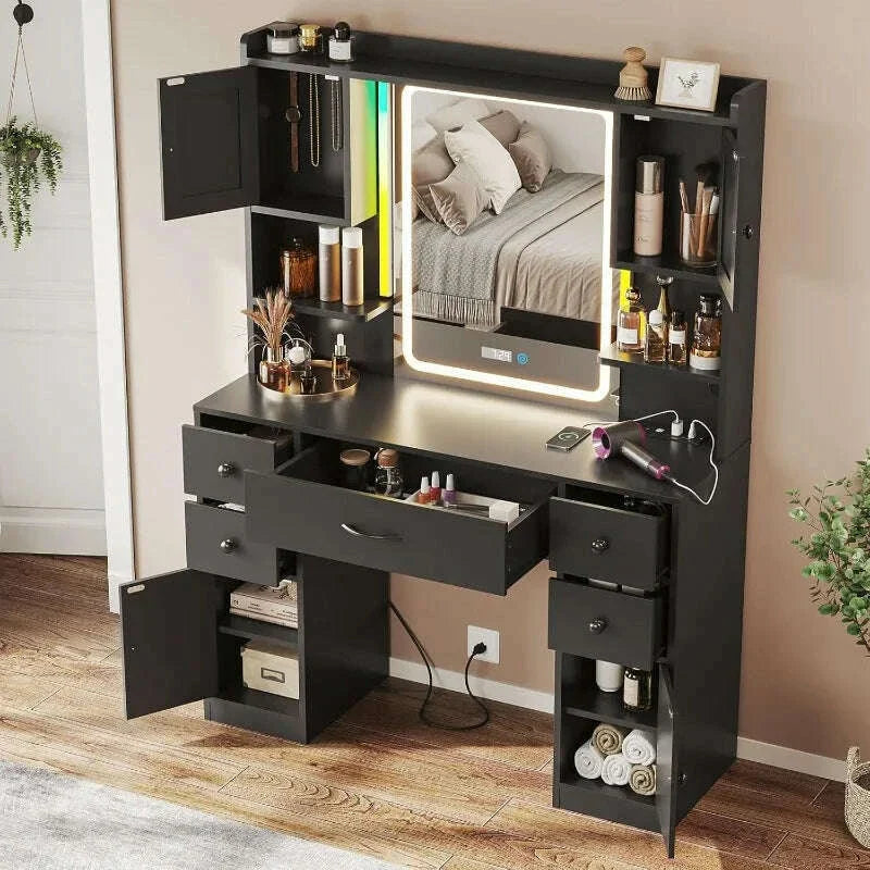 Large Makeup Vanity With Lights, LED Mirror With Digital Time Display & Power Outlet, RGB Ambient Light Vanity Desk Wit