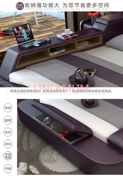 Genuine leather bed frame Soft Beds massager storage safe speaker LED light Bedroom cama muebles de dormitorio / camas quarto