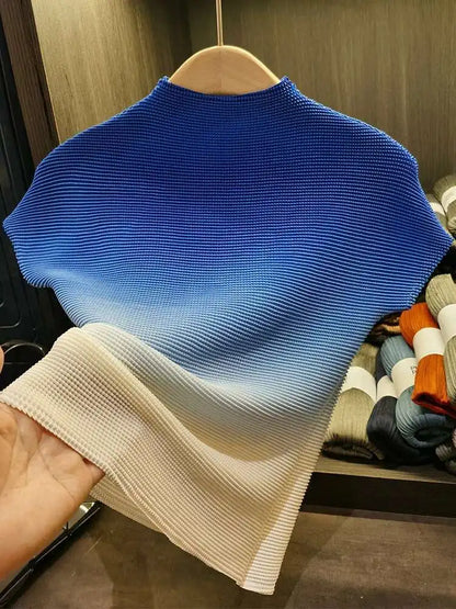 GVUW Pleated Women's T-shirt Slim Fit Gradient Color Stand Collar Short Sleeve Female Casual Comfortable Top 2025 Spring 17J0413