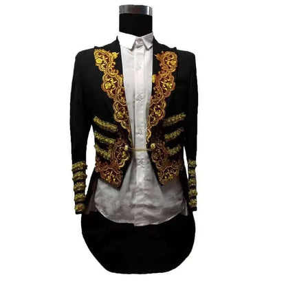 Men's Long Black Embroidery Tailcoat Suit Jackets Magic Performance Coat Wedding Groom Party Marry Formal Singer Host Tuxedo