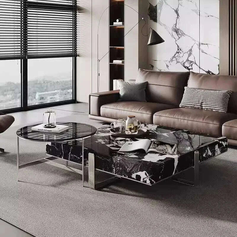 Italian Minimalist Square Coffee Table, Black White Stone Top, Heat-Resistant & Easy Clean, Sturdy Compact Designer Set