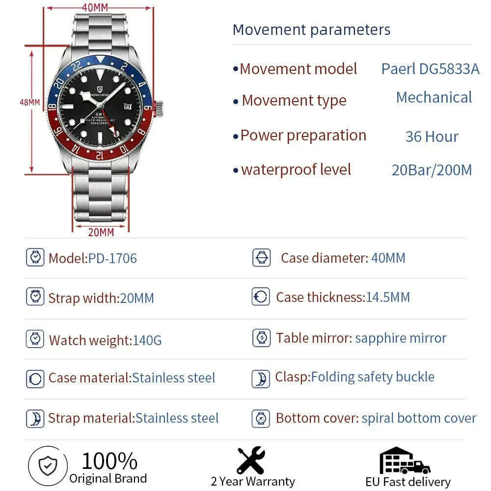 PAGANI DESIGN 2025 BB40 GMT Men's Watches Top Brand Luxury Mechanical Watch AR Sapphire Waterproof Automatic Watch For Men 1706